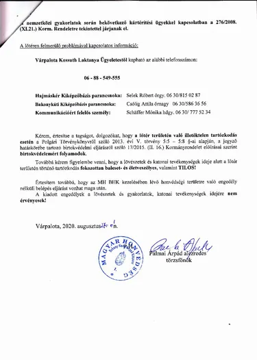  Lőtér értesítőjének kiegészítője