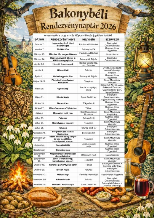 'Tervezett rendezvénynaptár Bakonybél 2026' cikk borítóképe